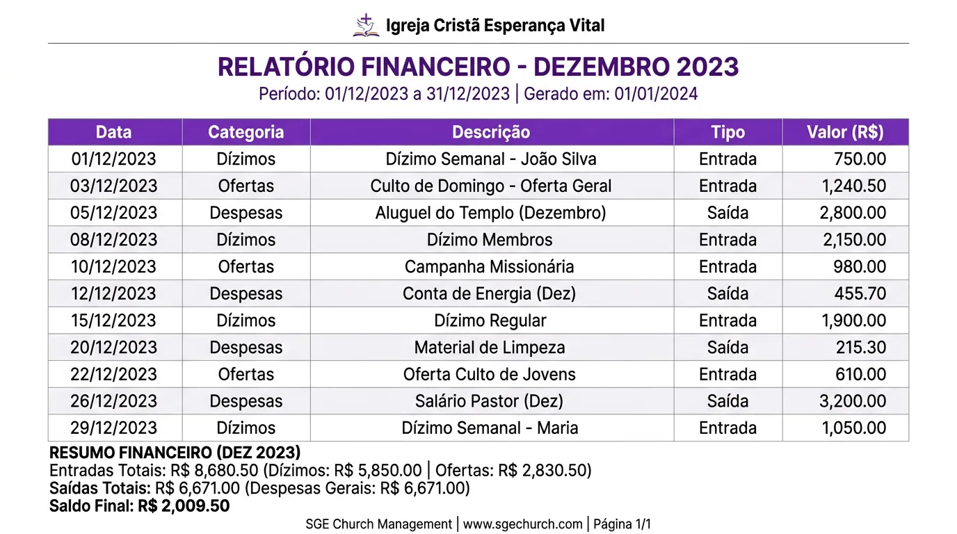 Relatório financeiro do ePastor
