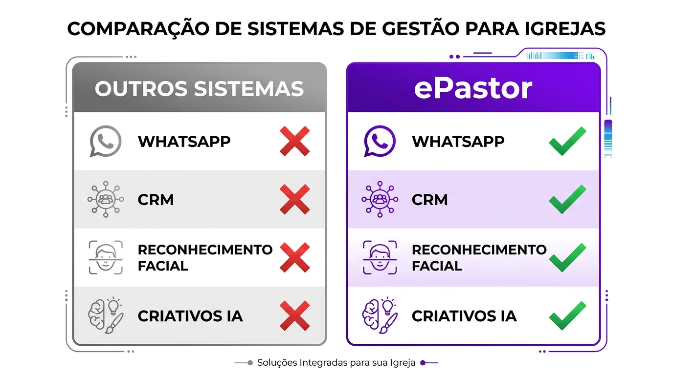 Comparação: outros sistemas versus ePastor em WhatsApp, CRM, reconhecimento facial e criativos com IA